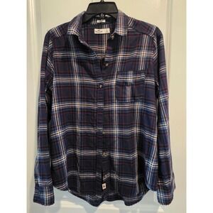 Women szS Hollister Navy Purple Plaid Flannel Boyfriend Fit Shirt Distressed